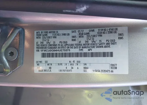 2017 Ford Escape Se from USA, damaged, VIN 1FMCU0G94HUE75575